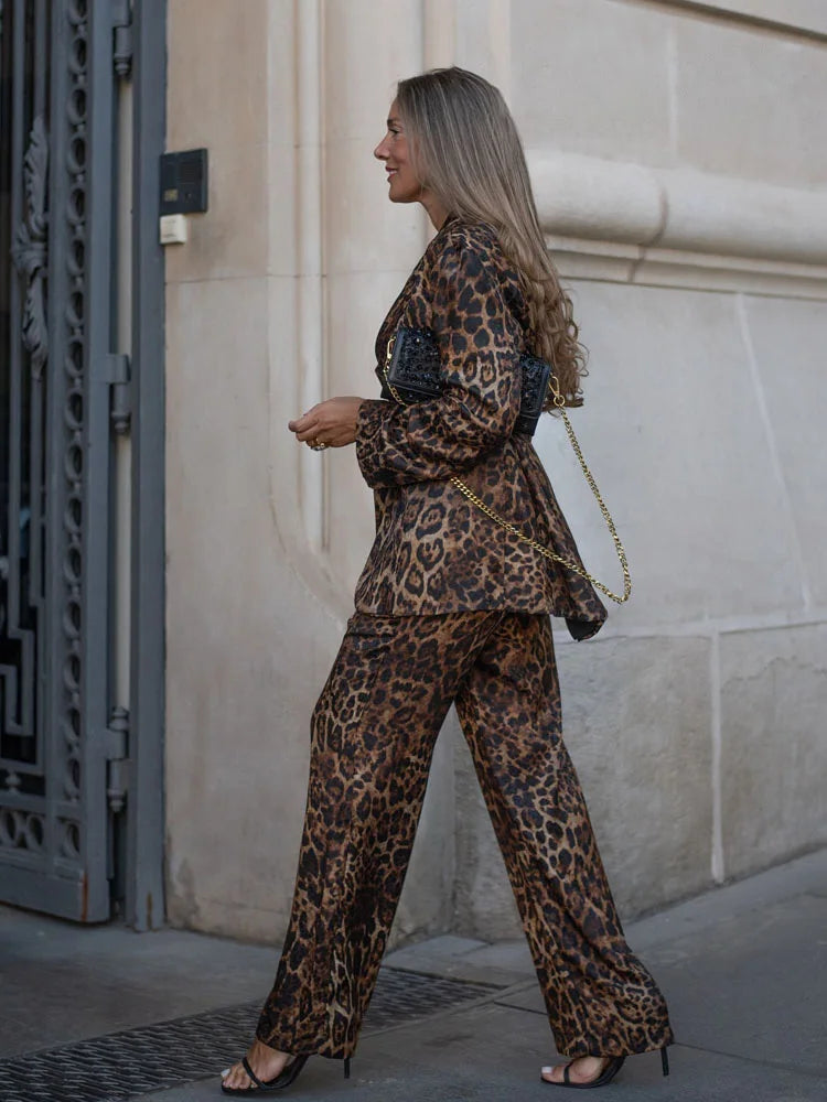 HH Women Autumn 2-Piece Set Chic Leopard Print Turn-Down Collar Pockets Belt Design Blazers+High Waist Zipper Wide-Leg Pants