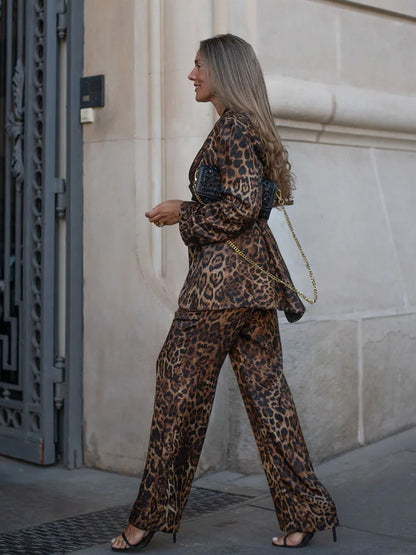 HH Women Autumn 2-Piece Set Chic Leopard Print Turn-Down Collar Pockets Belt Design Blazers+High Waist Zipper Wide-Leg Pants