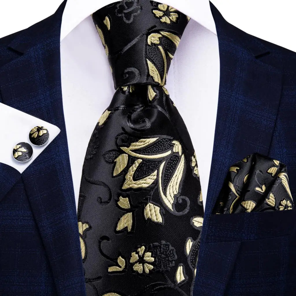 Hi-Tie Psialey Black Gold Silk Elegant Tie For Men Groom Wedding Men Necktie Pocket Square Cufflink Accessory Wholesale Designer