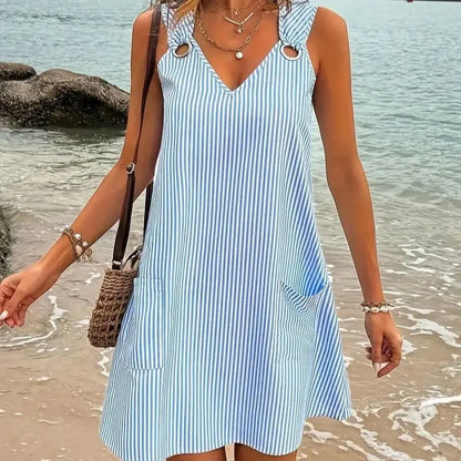 New blue and white striped sleeveless V-neck pocket plus size women's dress for summer