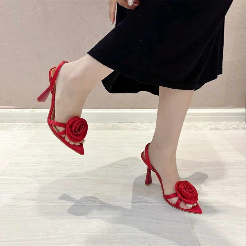 Liyke Summer Fashion Silk Rose Flowers Pointed Open Toe Back Strap Sandals Women Red High Heels Wedding Prom Shoes Zapatos Mujer