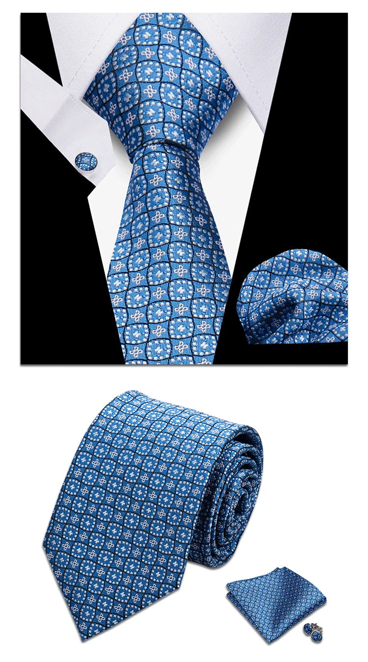 Classic Elegant Ties For Men Fashion Gifts Striped Solid Necktie Handchief Cufflink 3 Pcs Set Wedding Business Suit Accessories