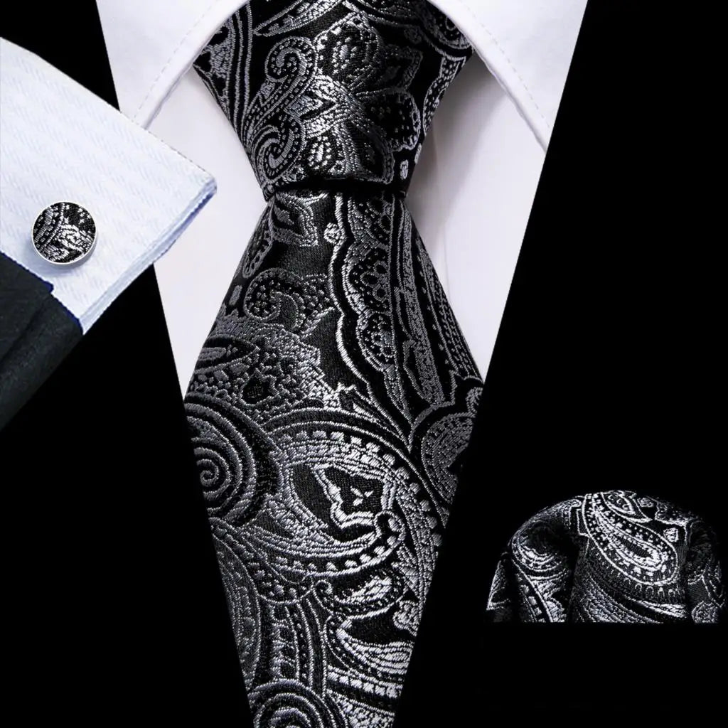 Barry.Wang Black White Gray Silver Silk Men Tie Handkerchief Cufflinks Set Jacquard Necktie for Male Wedding Business Party Gift