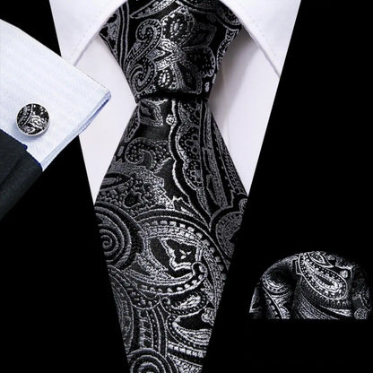 Barry.Wang Black White Gray Silver Silk Men Tie Handkerchief Cufflinks Set Jacquard Necktie for Male Wedding Business Party Gift