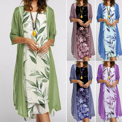 Female 1 Set Stylish Vintage Round Neck Dress Two-Piece Ladies Dress Set Floral Print   for Party