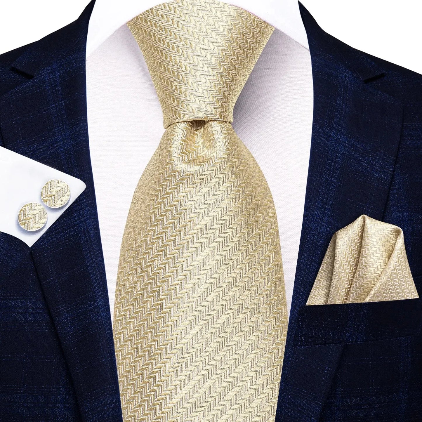 Hi-Tie Champagne Gold-color Silk Mens Elegant Ties Fashion Mens Necktie Pocket Square Cufflinks Set Business Party Wedding