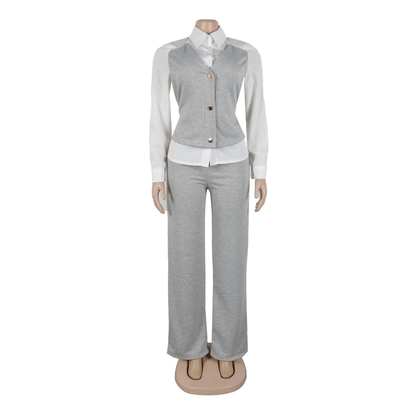HLJ Elegant Lady Patchwork Shirts Two Piece Sets Women Lapel Long Sleeve Button Top And Pants Outfits Autumn OL 2pcs Clothing