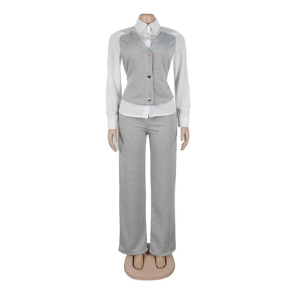 HLJ Elegant Lady Patchwork Shirts Two Piece Sets Women Lapel Long Sleeve Button Top And Pants Outfits Autumn OL 2pcs Clothing