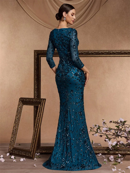 Luxury Champagne Evening Dress Women 2024 Long Mermaid Formal Sequins V-neck Prom Elegant Wedding Party Cocktail Gown