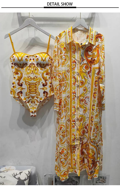 Fashion show spring and summer women's new printed casual shirt long skirt elegant single-breasted long-sleeved loose dress