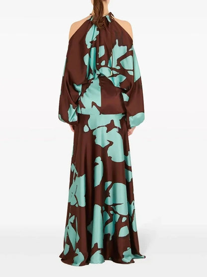 Evening Dresses  Vacation Style Elegant Socialite Printed Off Shoulder Slit Dress