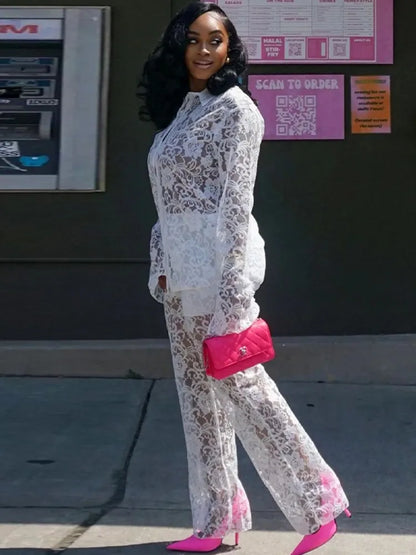 Perspective Lace Pants Set Summer 2024 New 2 Piece Set Chic Slim Elegant Office Women's Set Fashion Street Youth 2-piece Suit