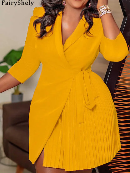 FairyShely 2025 Summer Solid Plus Size Folds Dress Women Long Sleeve Large Big Dresses Lady Belt Party Tight Curvy Short Dress