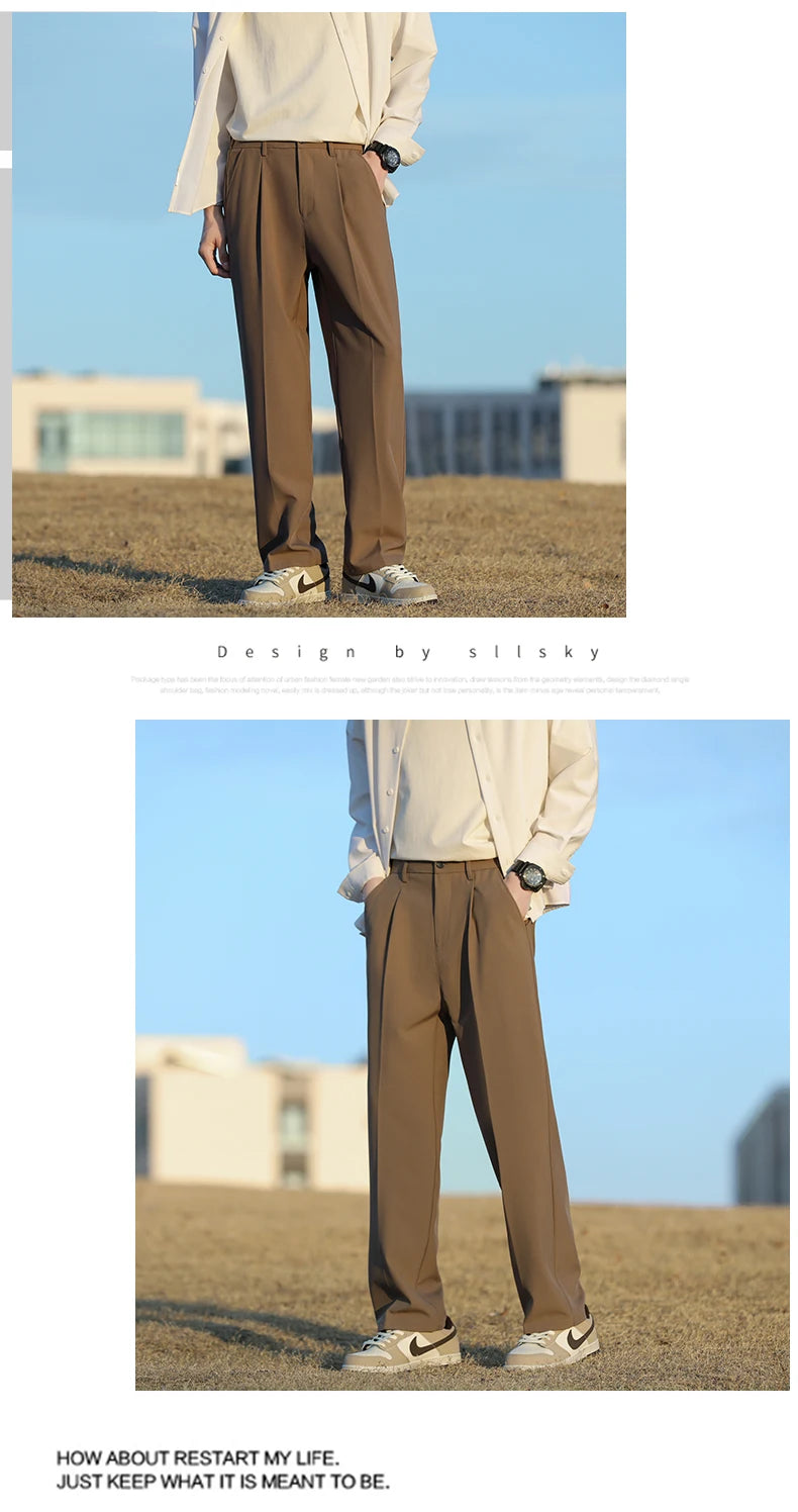 Spring Summer Men Suit Pants Wide Leg Long Drape Trousers Fashion Streetwear Clothing Solid Stretch Waist Oversize Pants Black