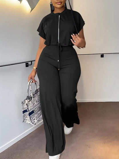 Women Casual Round Neck Drawstring Short Sleeve Top & High Waist Pants Set Summer Solid Two Piece Suit Sets Outfits Set Female