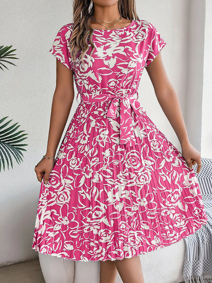 Spring Summer Elegant Flower Print Dress Short Sleeve Folded Dresses for Women Mother's Day