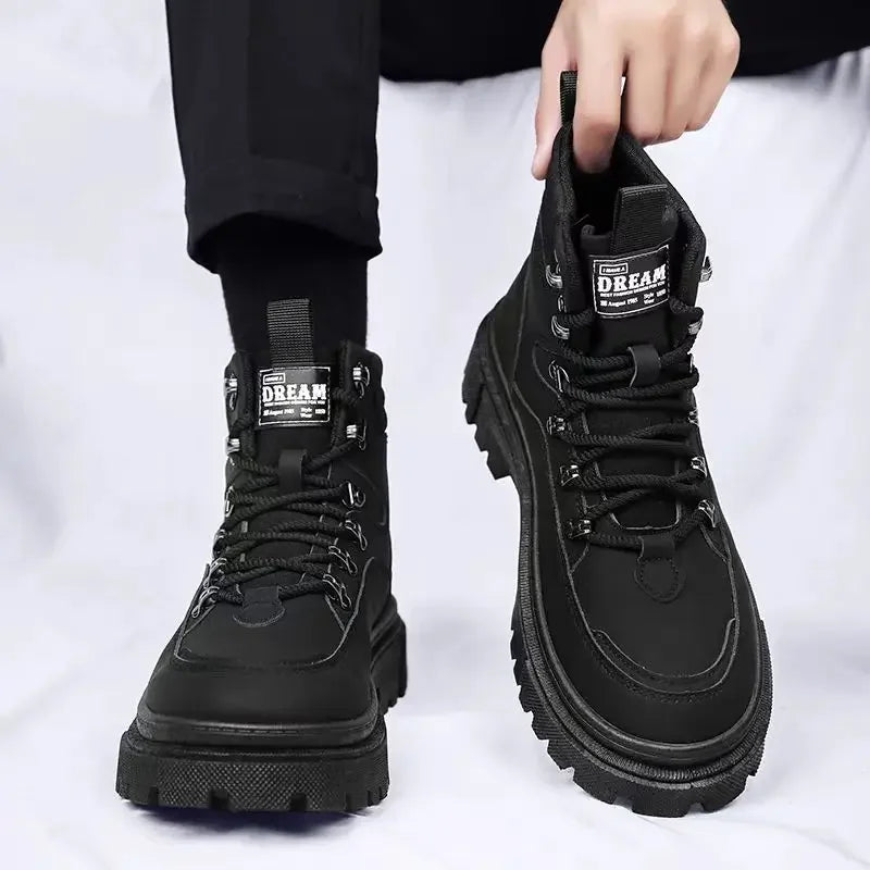 Men's Boots 2024 Winter British Lace Up Height Increasing Wear-resistant Thick Sole Anti Slip Comfort Hiking Shoes Black Boots