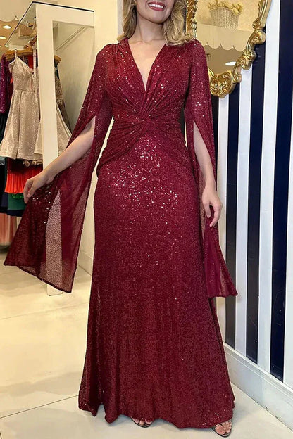 Autumn Winter Luxurious Sexy Sequins Cocktail Party Dress Prom Gown Cloak Sleeve V Neck Folds Corset Evening Floor Length Dress