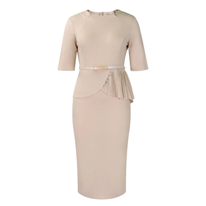 2024 Autumn Winter New Dress for Woman Square Neck Half Sleve Sheath Package Hips Belt Waisted Formal Work Bodycon Dress Midi OL