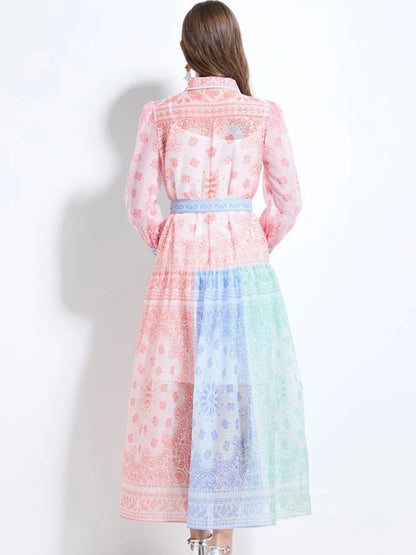 Spring Summer 2025 New Women Fashion Rainbow Print Elegant Shirt Long Dresses Vintage Single Breasted Party Dress Bohemian Trend