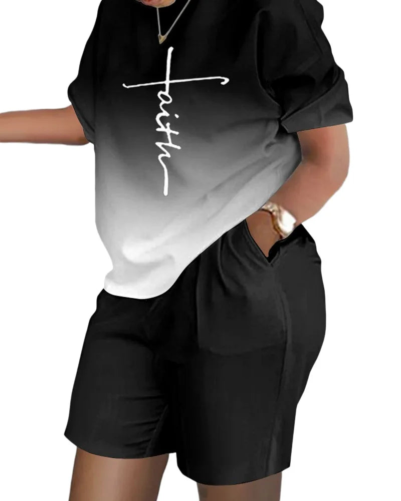Casual Loose Short Sleeve Tshirt Shorts Set Office Lady Summer Fashion O-neck Colorful Print Two Piece Set Women Outfit 2023