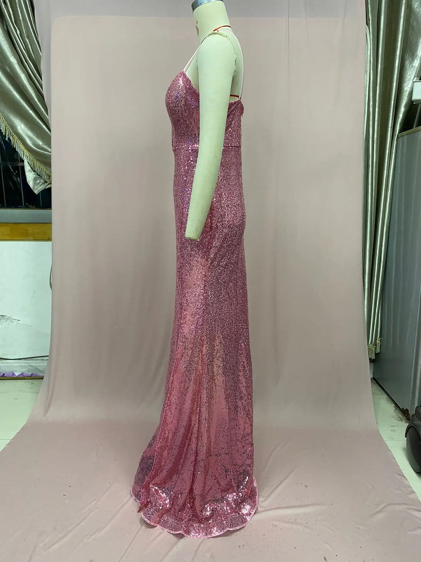 Sexy Sleeveless V-neck High Waist Slit Formal Occasion Evening Dress Fashion Pink Sequins Slim Long Elegant Party Dresses Women