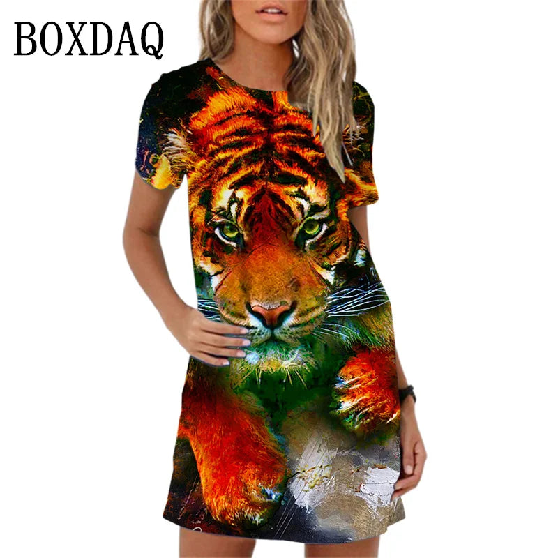 2024 New Spring Women Dresses Fashion Tiger Pattern Printing Short Sleeve Dress Summer Casual Oversized A-Line Mini Dress Womans