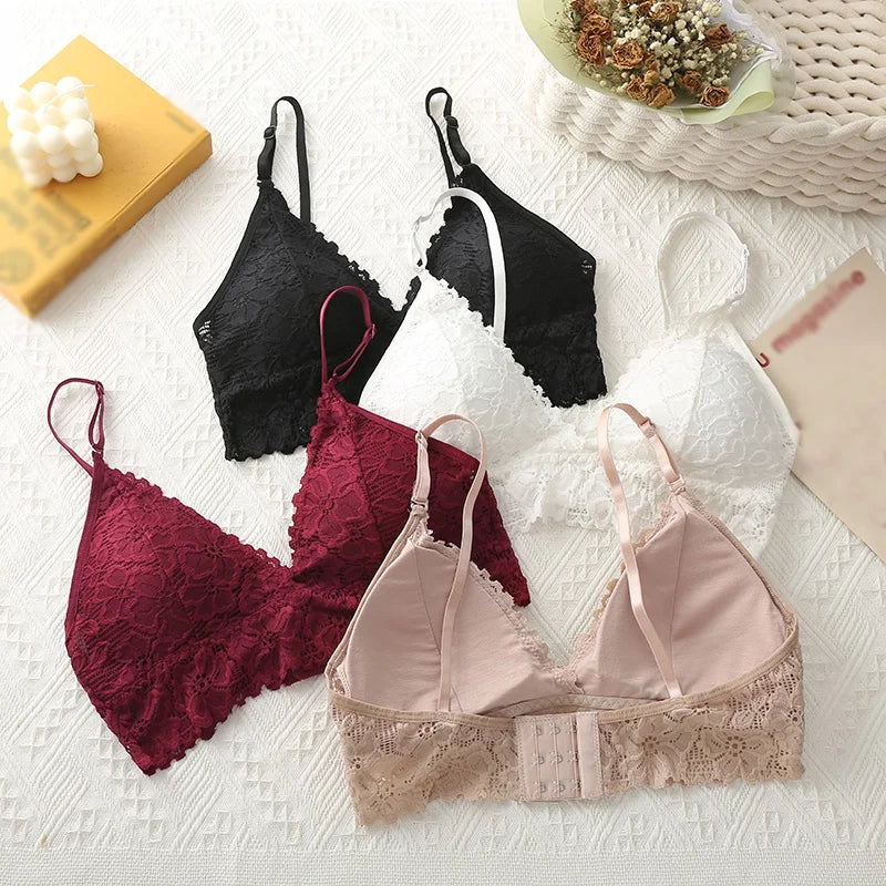 Women Bralette French Lace Triangle Cup Bra Without Steel Ring Underwear Beauty Back Wrapped Chest Comfortable Brassiere