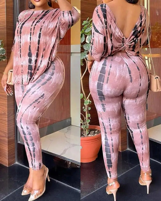 New Fashion 2023 Summer Casual Womens Two Piece Sets Outfit Tie Dye Print Twisted Backless Top & Pants Set Sexy Female Suit