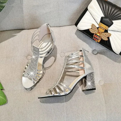 Silver Gold Sandals Peep Toe Chunky Heels New Women Wedding Shoes Ankle Boots Sandal Open Toe High Heels Dress Gold Bling Pump