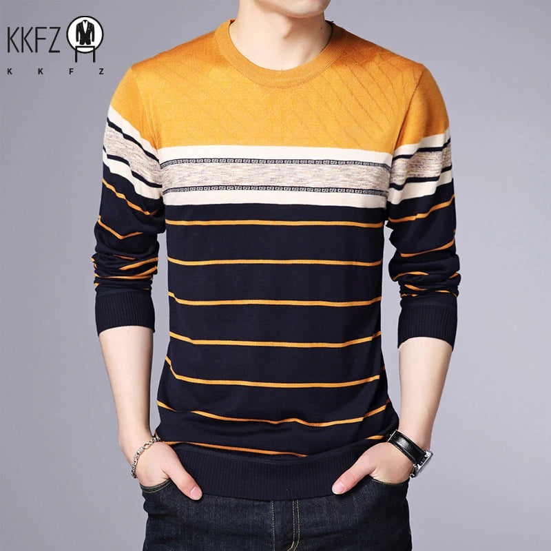 Men's New Fashionable Striped Knitted Shirt Long Sleeved Comfortable All Season Base Shirt Casual Top