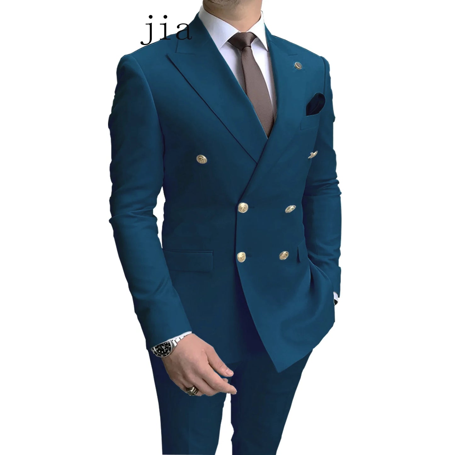 2024 Fashion New Men's Business Double Breasted Solid Color Suit Coat / Male Slim Wedding 2 Pieces Blazers Jacket Pants Trousers