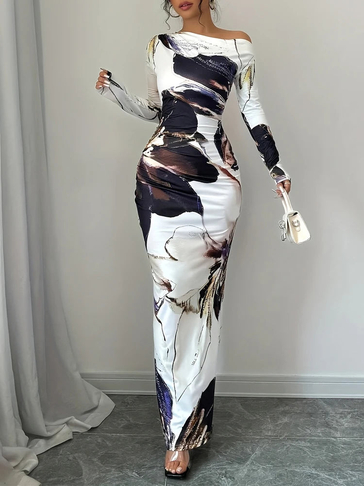 Spring and summer new women's off shoulder slim fit sexy dress, stylish and elegant printed tight fitting long skirt