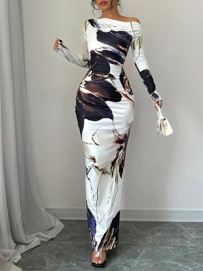 Spring and summer new women's off shoulder slim fit sexy dress, stylish and elegant printed tight fitting long skirt