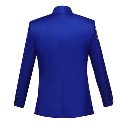 New Men Standing Collar Embroidered Suit 2 Piece Fashion Male Business Social Wedding Prom Stage Performance Dress Blazer Pant