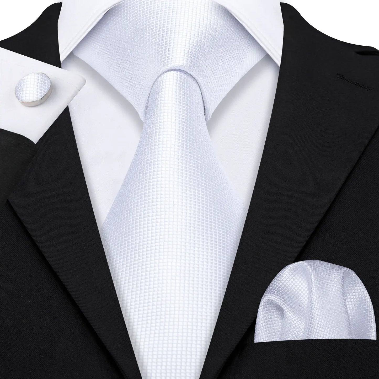 Barry.Wang Black White Gray Silver Silk Men Tie Handkerchief Cufflinks Set Jacquard Necktie for Male Wedding Business Party Gift