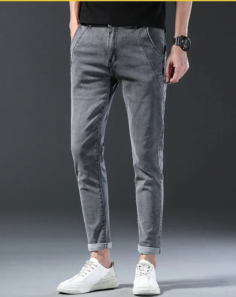 New Men's Denim Pants Slim Straight Gentleman Size 27-38 Slacks Fashion European American Style Stretch Men Luxury Jeans Grey