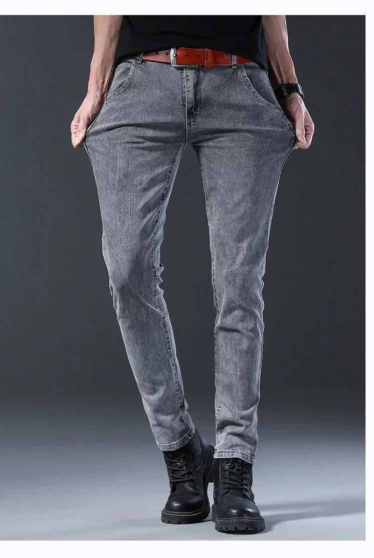 New Men's Denim Pants Slim Straight Gentleman Size 27-38 Slacks Fashion European American Style Stretch Men Luxury Jeans Grey