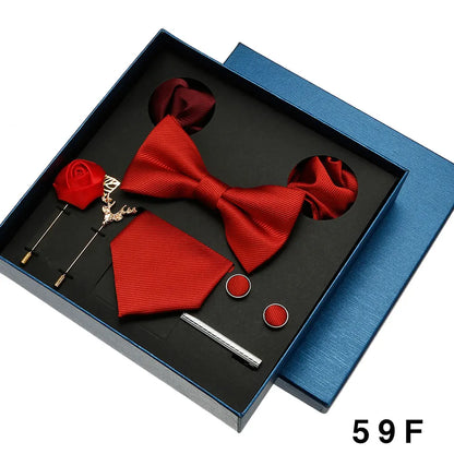 Men Tie Silk Necktie Man Bowtie Hanky Brooches Cufflinks And Tie Clip For Men Accessories Red Burgundy Wedding Tie Gifts Set
