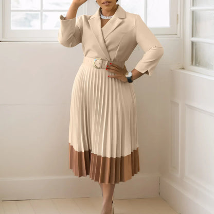CM.YAYA Fashion Full Sleeve Notched Neck Solid High Waist Belt Dress Women Autumn Office Lady Pleated Long Africa Midi Dresses