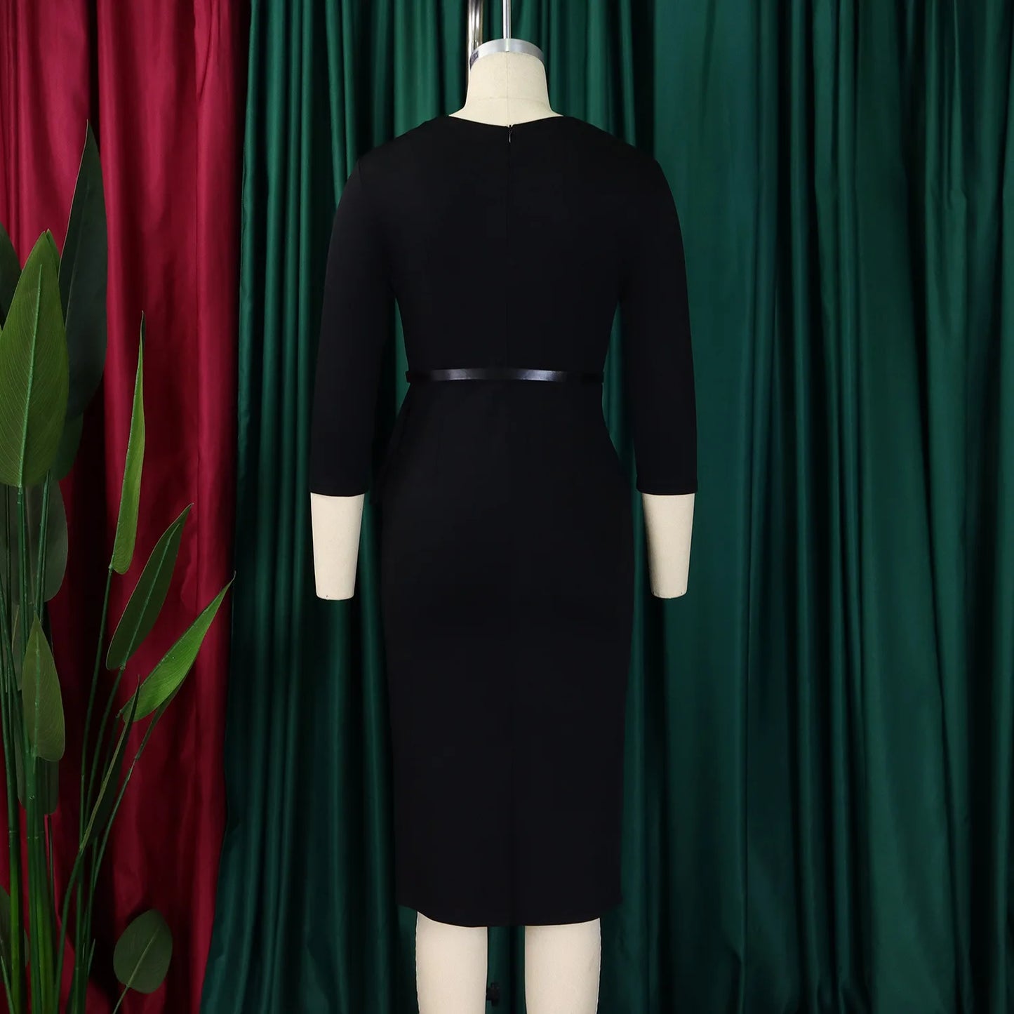 L-3XL Plus Size Elegant Midi Dress 2025 Spring Summer Women Office Lady Dress Casual 3/4 Sleeve Bandage Robe Oversize Dress