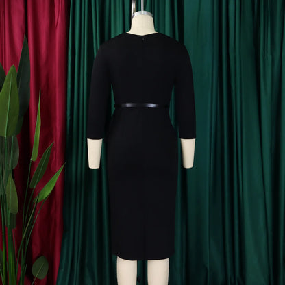 L-3XL Plus Size Elegant Midi Dress 2025 Spring Summer Women Office Lady Dress Casual 3/4 Sleeve Bandage Robe Oversize Dress