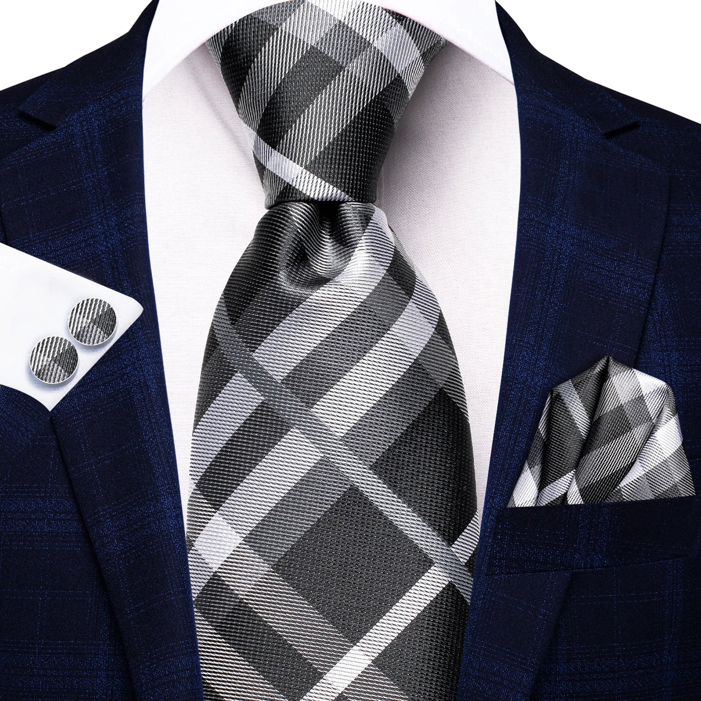 Hi-Tie Designer Silk Wedding Tie For Men Blue White Plaid Handky Cufflink Set Fashion Necktie For Men Business Party Wholesale