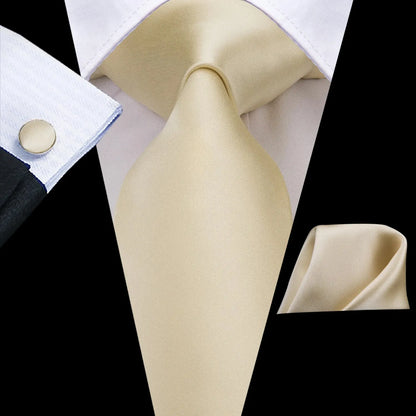 Hi-Tie Champagne Gold-color Silk Mens Elegant Ties Fashion Mens Necktie Pocket Square Cufflinks Set Business Party Wedding