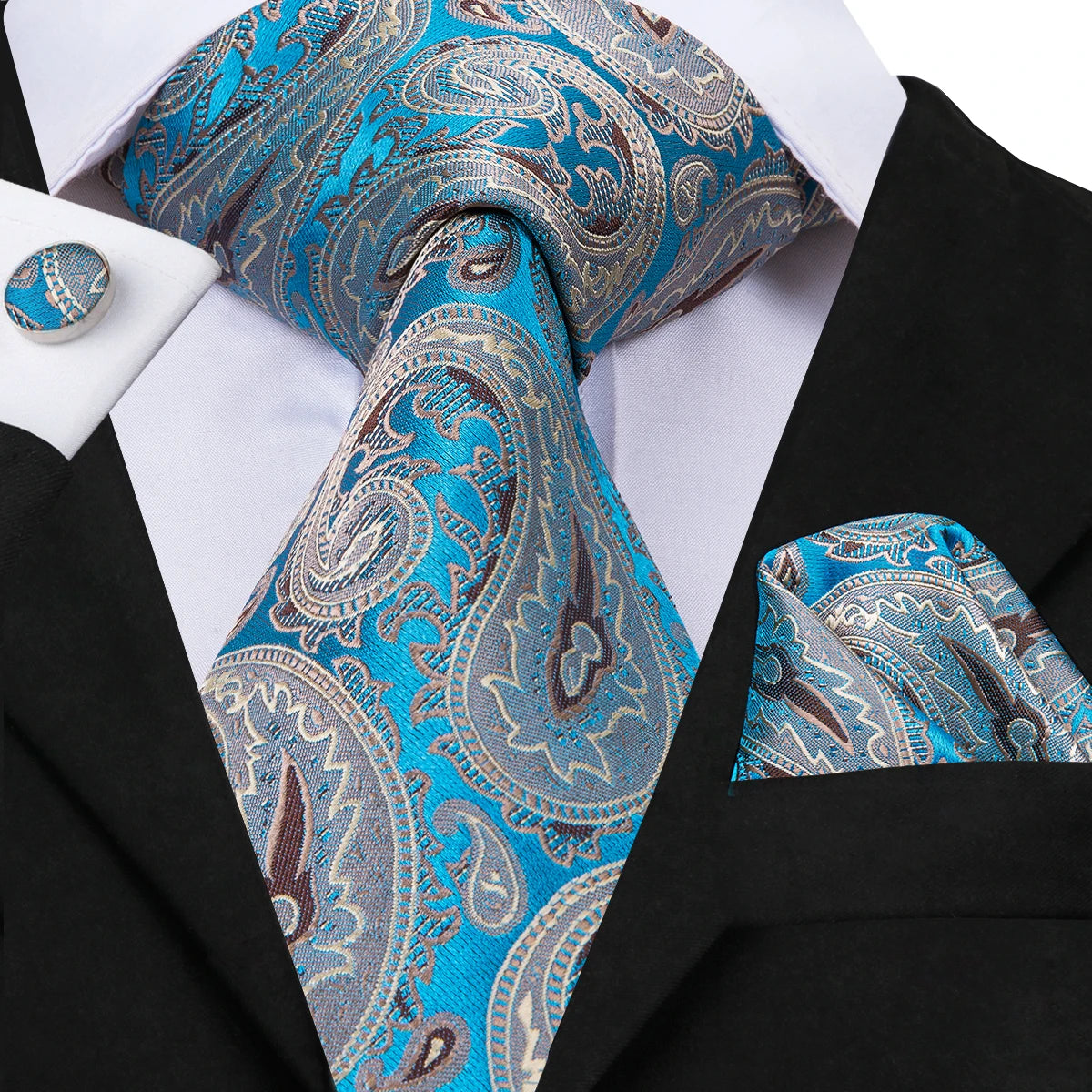 Hi-Tie Light Blue Solid Silk Wedding Nicktie For Men Hanky Cufflink Gift Men Tie Set Business Party Dropshipping Novelty Design