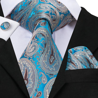 Hi-Tie Light Blue Solid Silk Wedding Nicktie For Men Hanky Cufflink Gift Men Tie Set Business Party Dropshipping Novelty Design