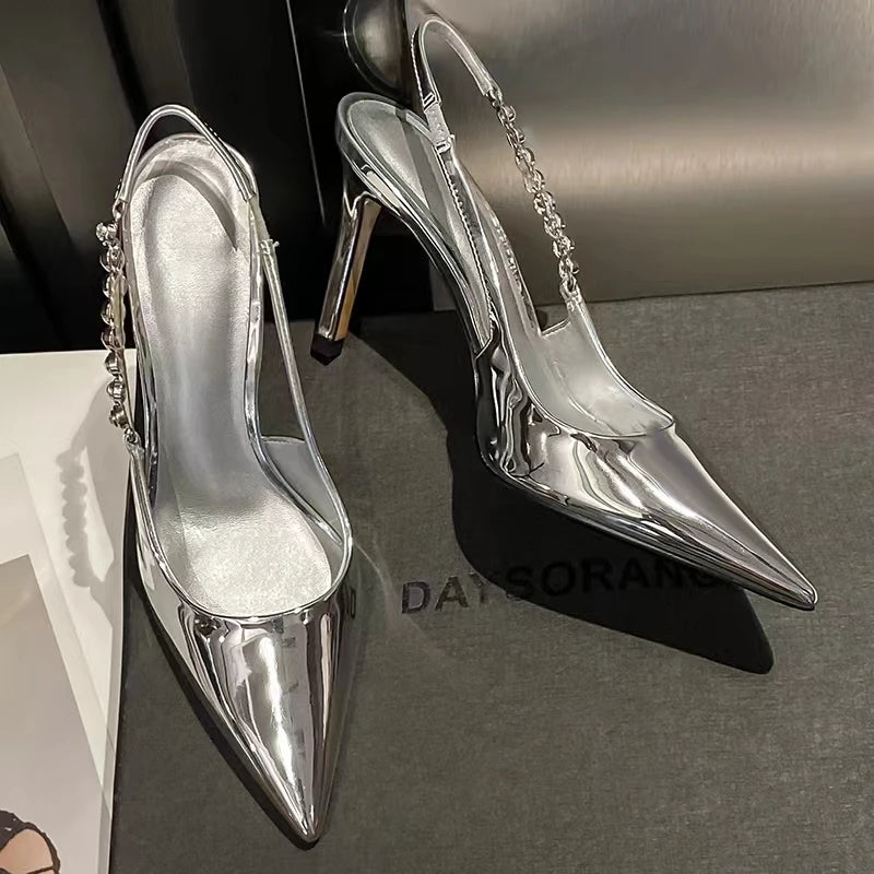 Shiny High Heels Slingback Silver Women Pumps Metallic Crystal Sandals Pointy Toe Stiletto Heeled Shoes Party Dress Shoes Woman