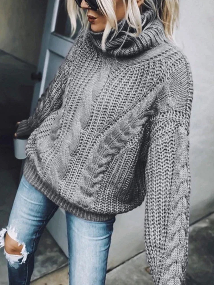 Women Knit Sweaters Full Sleeve Turtleneck Pullover Jumpers Casual Solid Sweater Thick Splice Lady Vintage Winter 2024