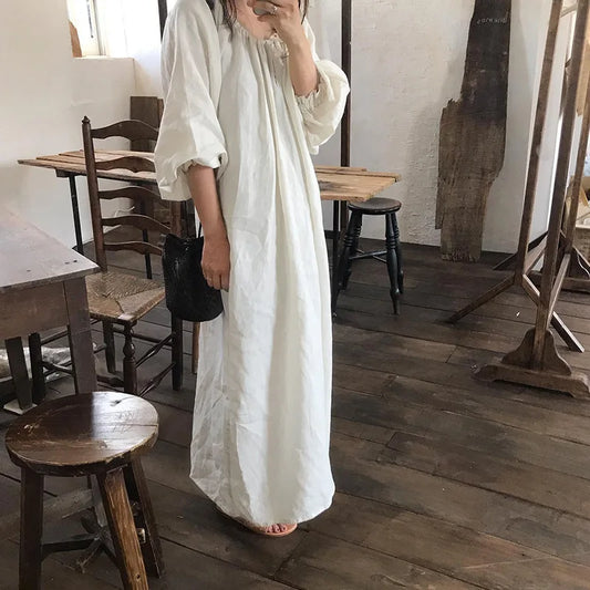 2025 New Spring Cotton Linen Dress for Women Solid Long Sleeve Drawstring Office Lady Elegant Maxi Dress