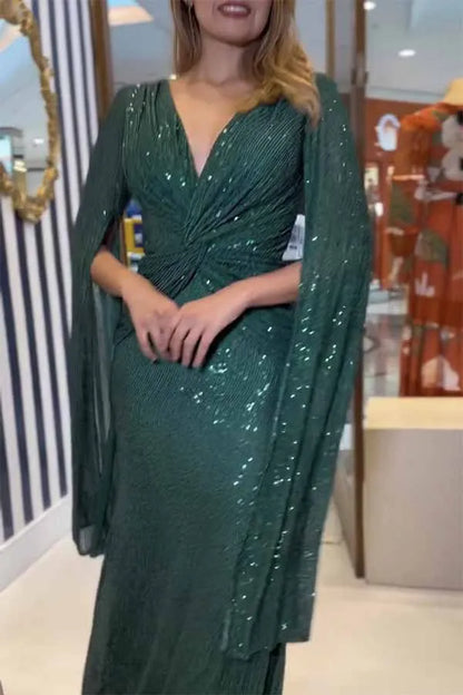 Autumn Winter Luxurious Sexy Sequins Cocktail Party Dress Prom Gown Cloak Sleeve V Neck Folds Corset Evening Floor Length Dress